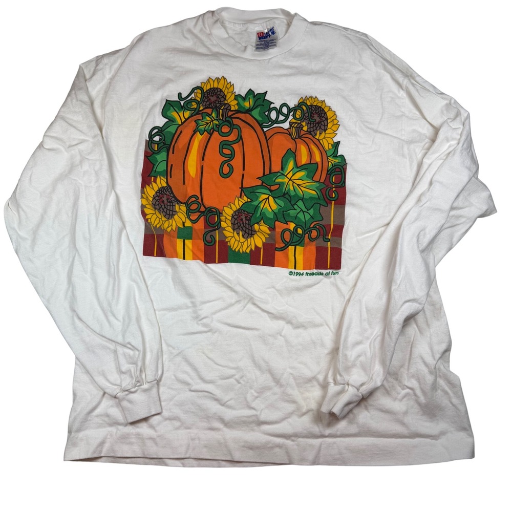 VTG 1994 Threads of Fun Pumpkin Shirt Mens XL Hanes Beefy-T Long Sleeve Fall⁠